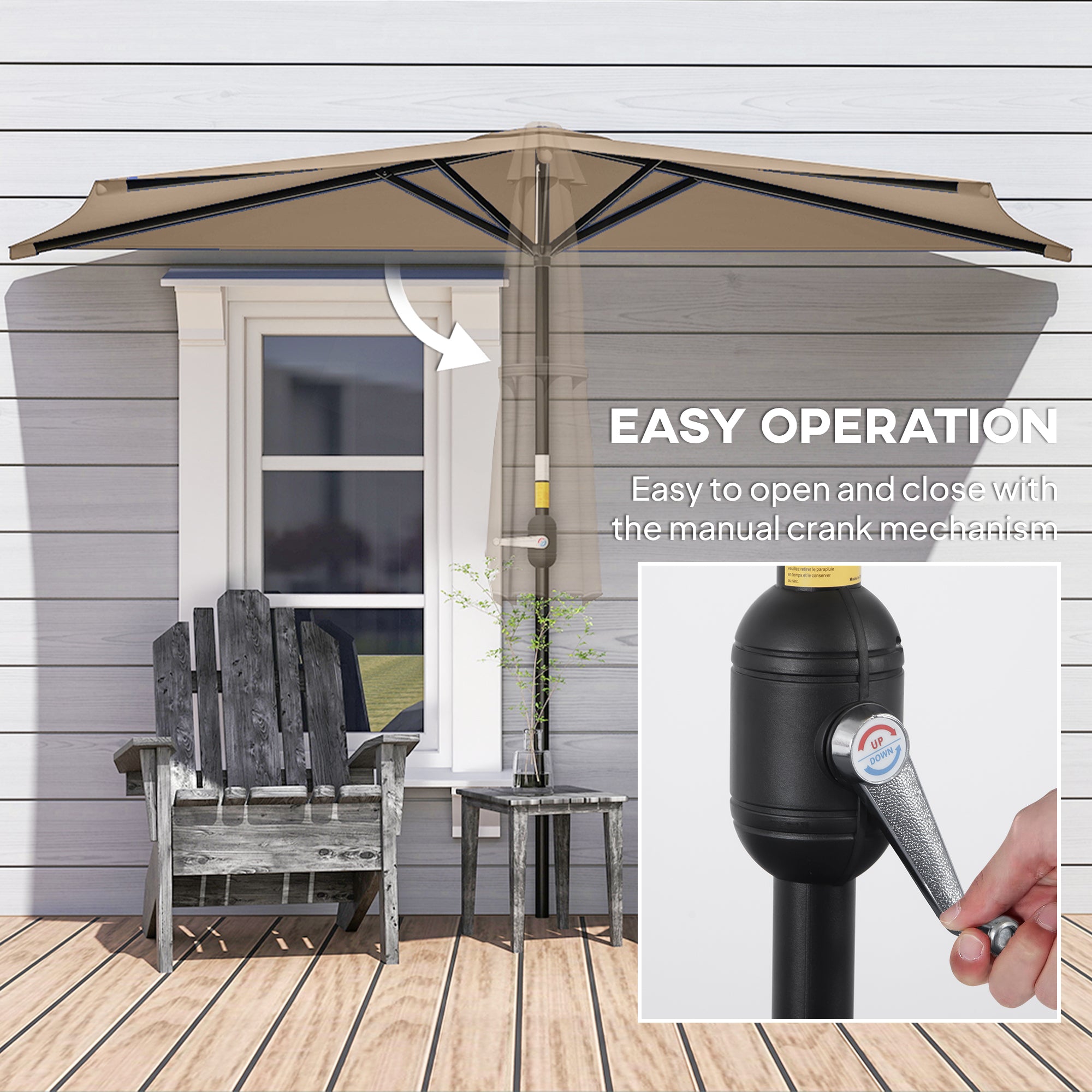 7.5ft Half Umbrella Semi Patio Parasol with Crank Handle, Top Vent for Garden, Balcony- NO BASE INCLUDED, Coffee