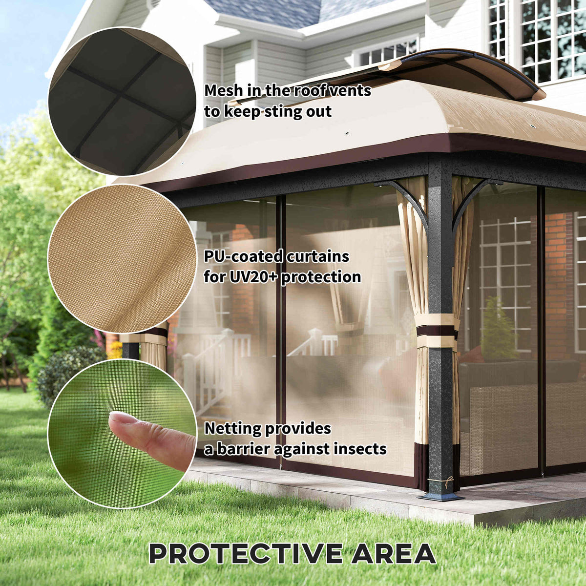 11' x 13' ጋዜቦ ግቢ፣ ድርብ ጣሪያ ዘለዎ ናይ ደገ ጋዜቦ ካኖፒ ምስ መርበብን መጋረጃታትን፣ ጋልቫናይዝድ ብረታዊ ፍሬም፣ ካኪ