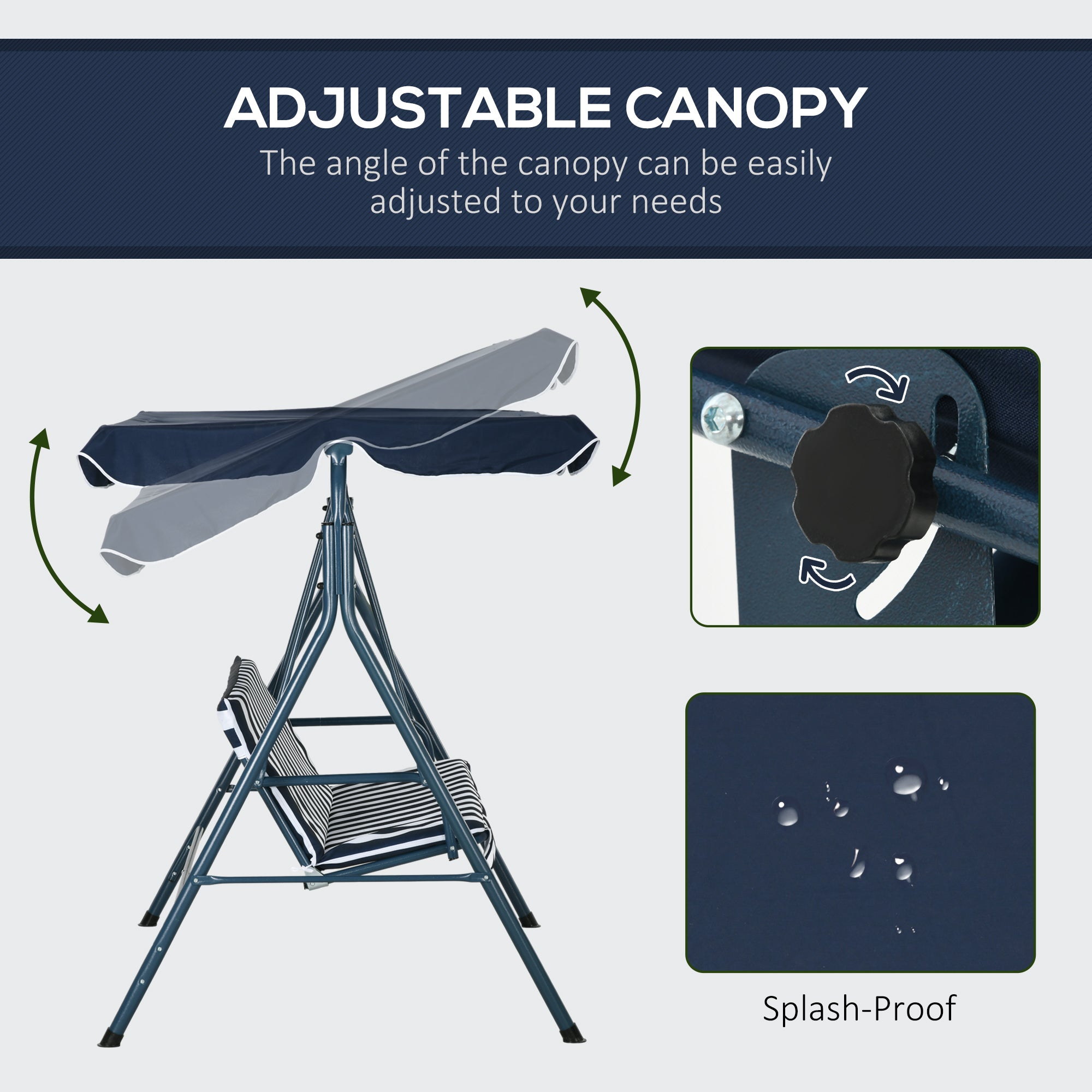 3-Seater Outdoor Porch Swing with Adjustable Canopy, Patio Swing Chair for Garden, Poolside, Backyard, Green and White