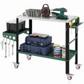 2Tier Rolling Welding Table, Lockable Steel Heavy Duty Welding Workbench Table with Side Tray, Silver & Green