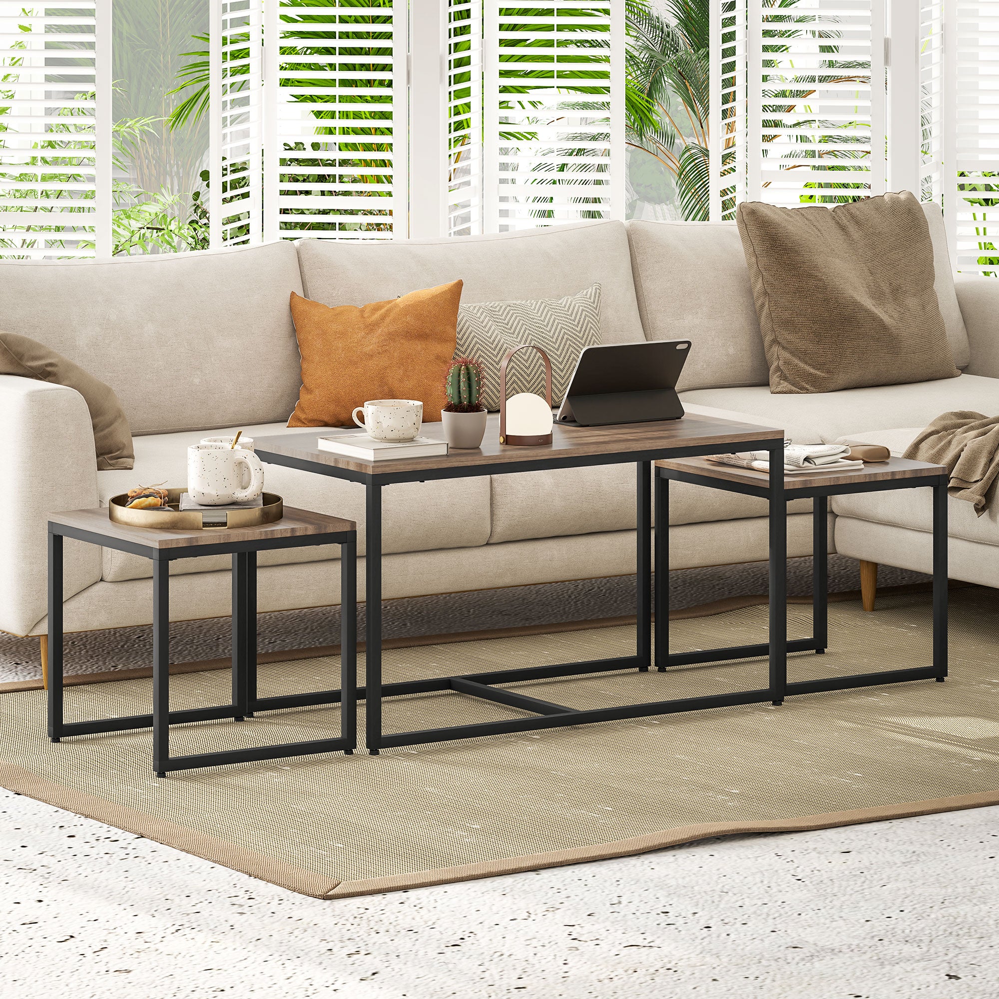 Nesting Coffee Table Set of 3, Modern End Tables with Black Metal Frame for Living Room Home Furniture, Brown