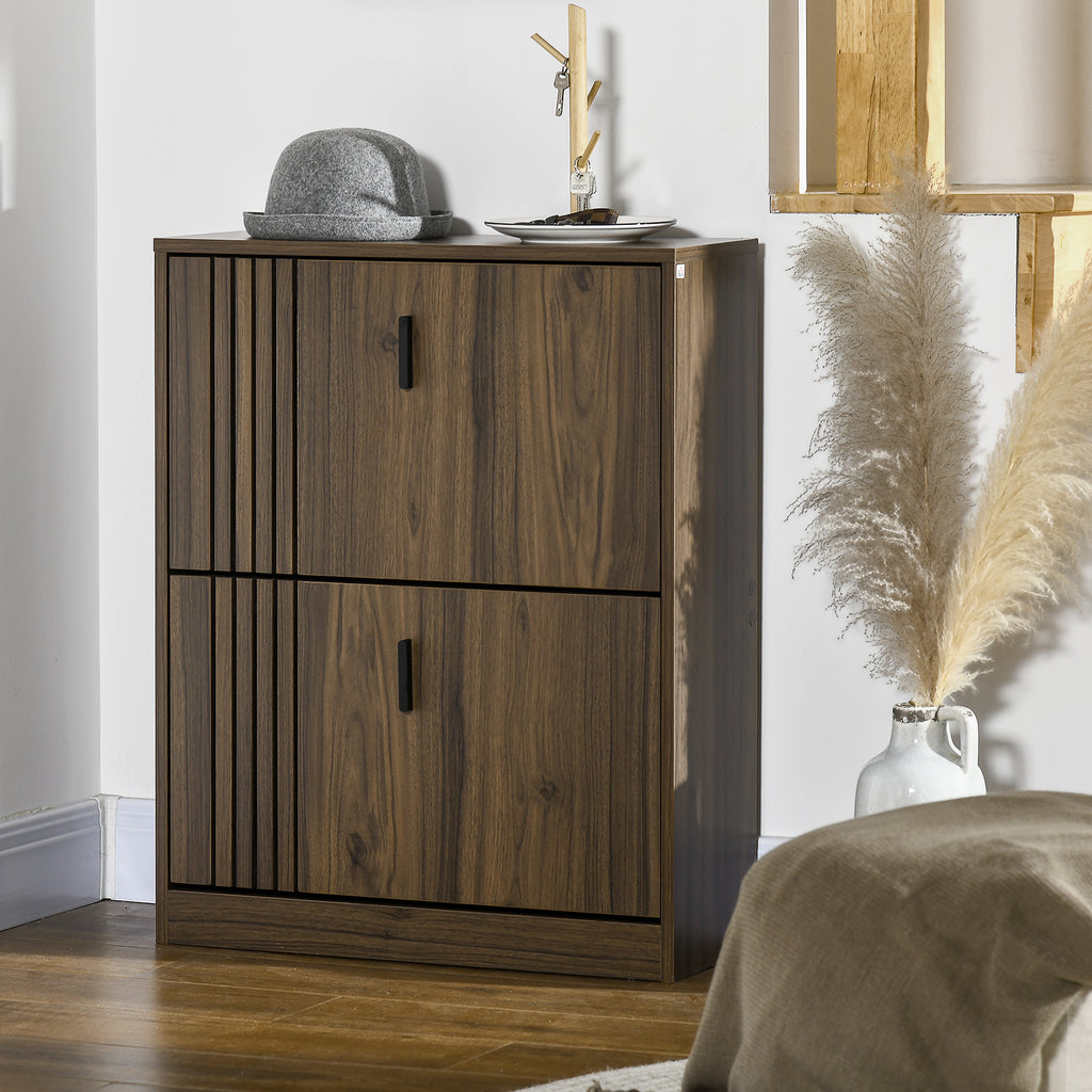 Shoe Storage Cabinet Organizer for 12 Pairs of Shoes with 2 Flip Drawers and Adjustable Shelves, Walnut