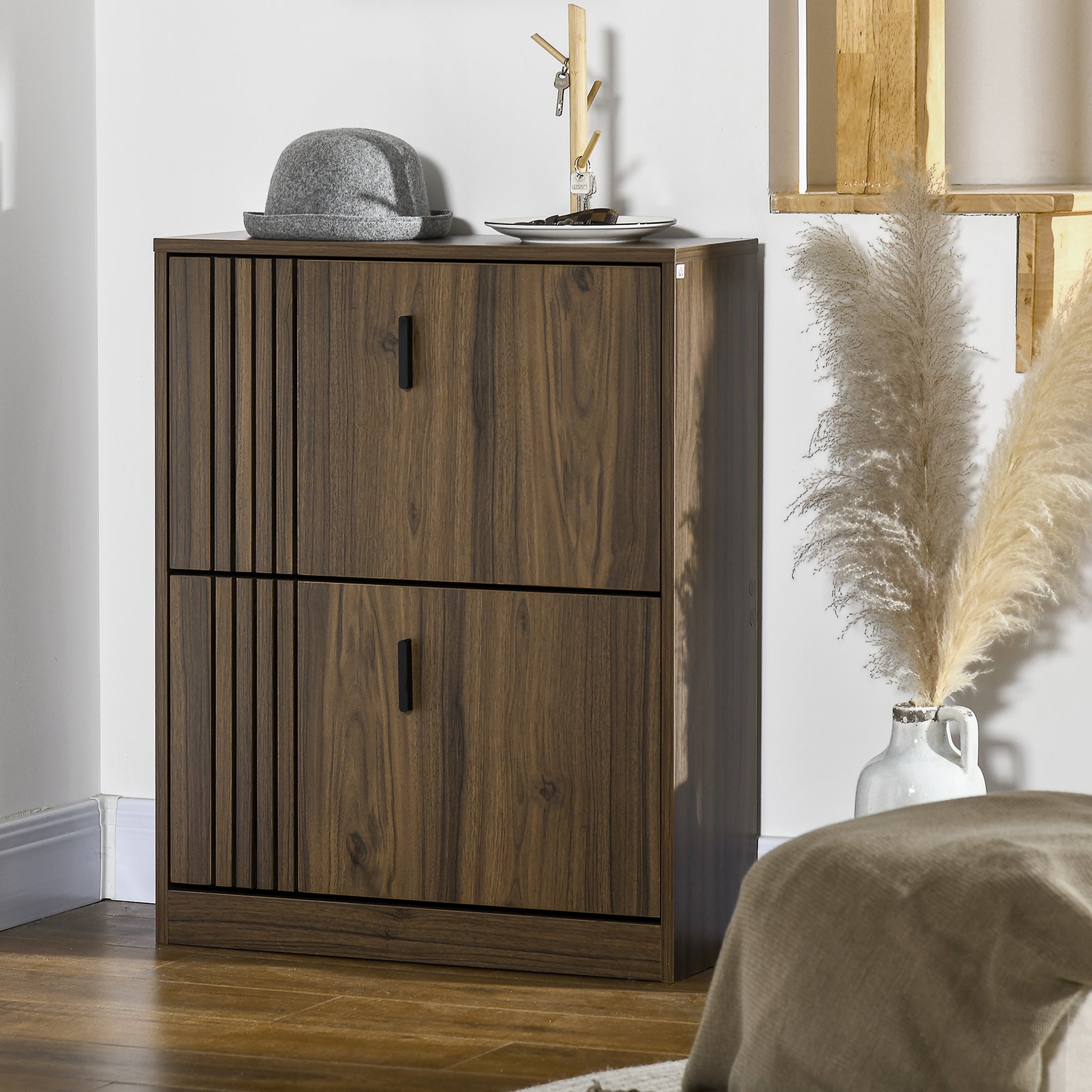 Shoe Storage Cabinet Organizer for 12 Pairs of Shoes with 2 Flip Drawers and Adjustable Shelves, Walnut