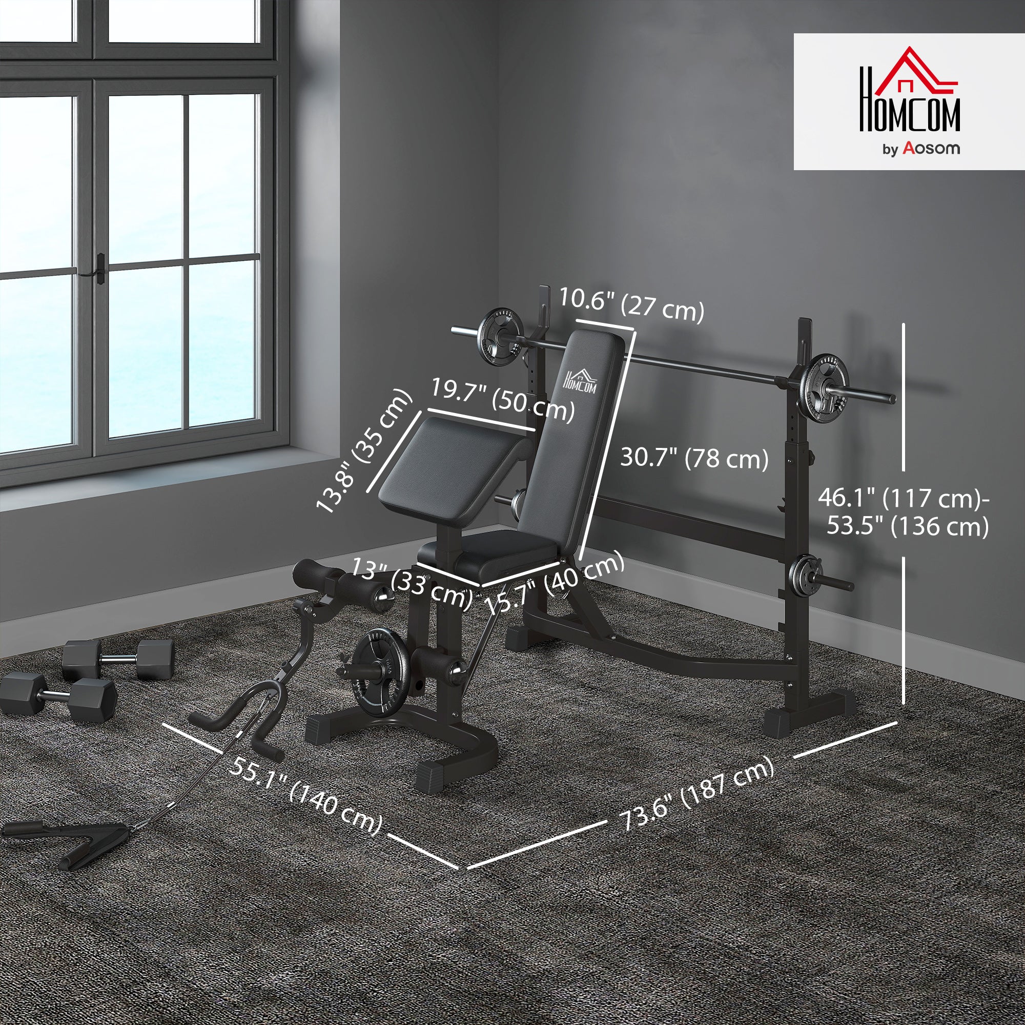 Soozier Weight Bench Stand with Squat Rack, Adjustable Olympic Bench, Multifunctional Arm Curl Pad, Leg Extension, Grey