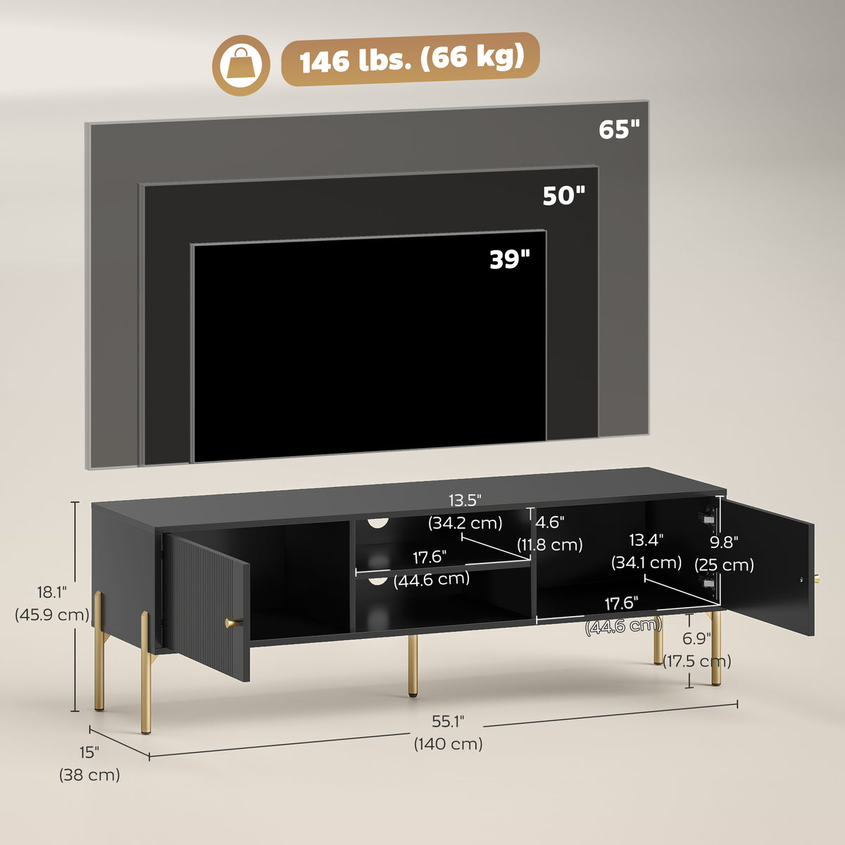 ንቲቪ ስታንድ ንቲቪ ክሳብ 65"፣ መዝናኒ ማእከል ምስ 2 ክፍት መደርደሪታት፣ 2 ካቢኔታትን ሓጺን እግርን ንክፍሊ መነባብሪ፣ ጸሊም