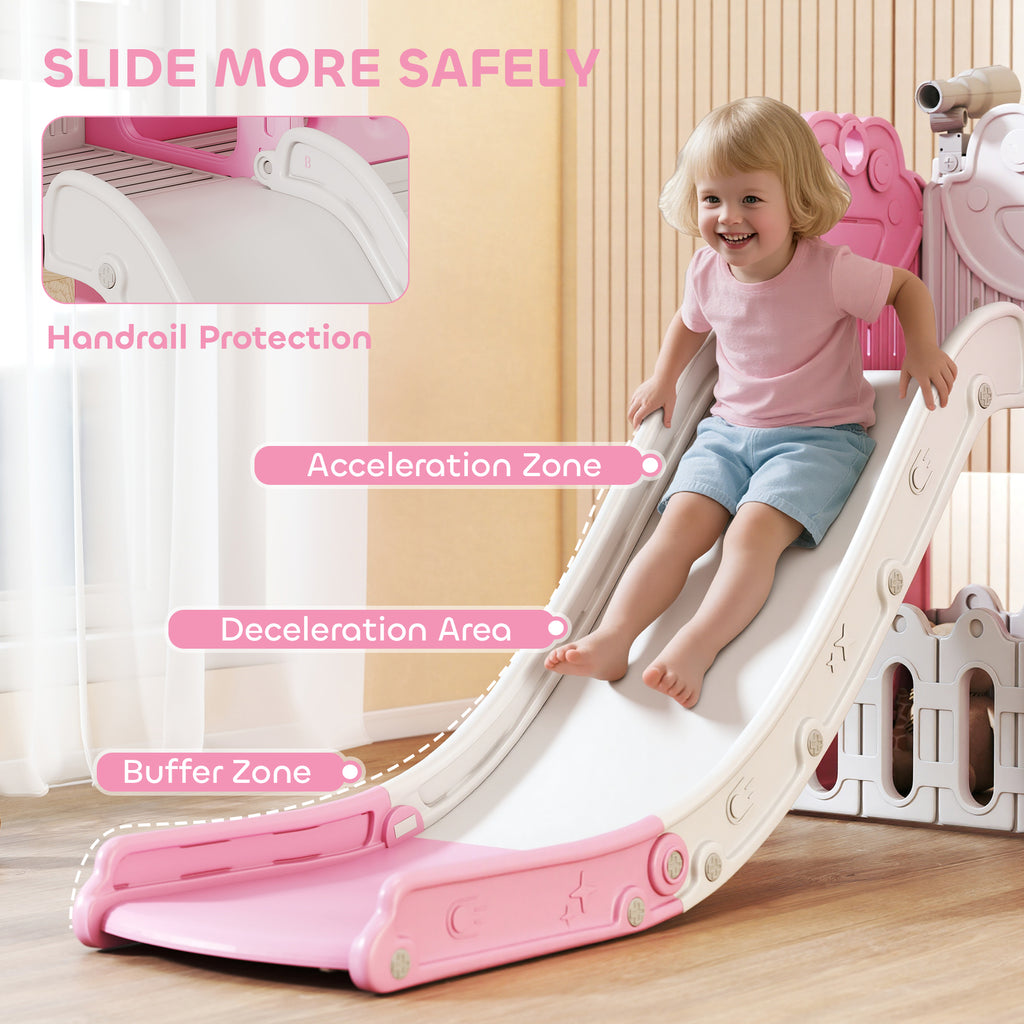 Qaba 7-in-1 Toddler Slide, Kids Slide Climber Playset with Playhouse and Basketball Hoop for 1-4 Years, Pink