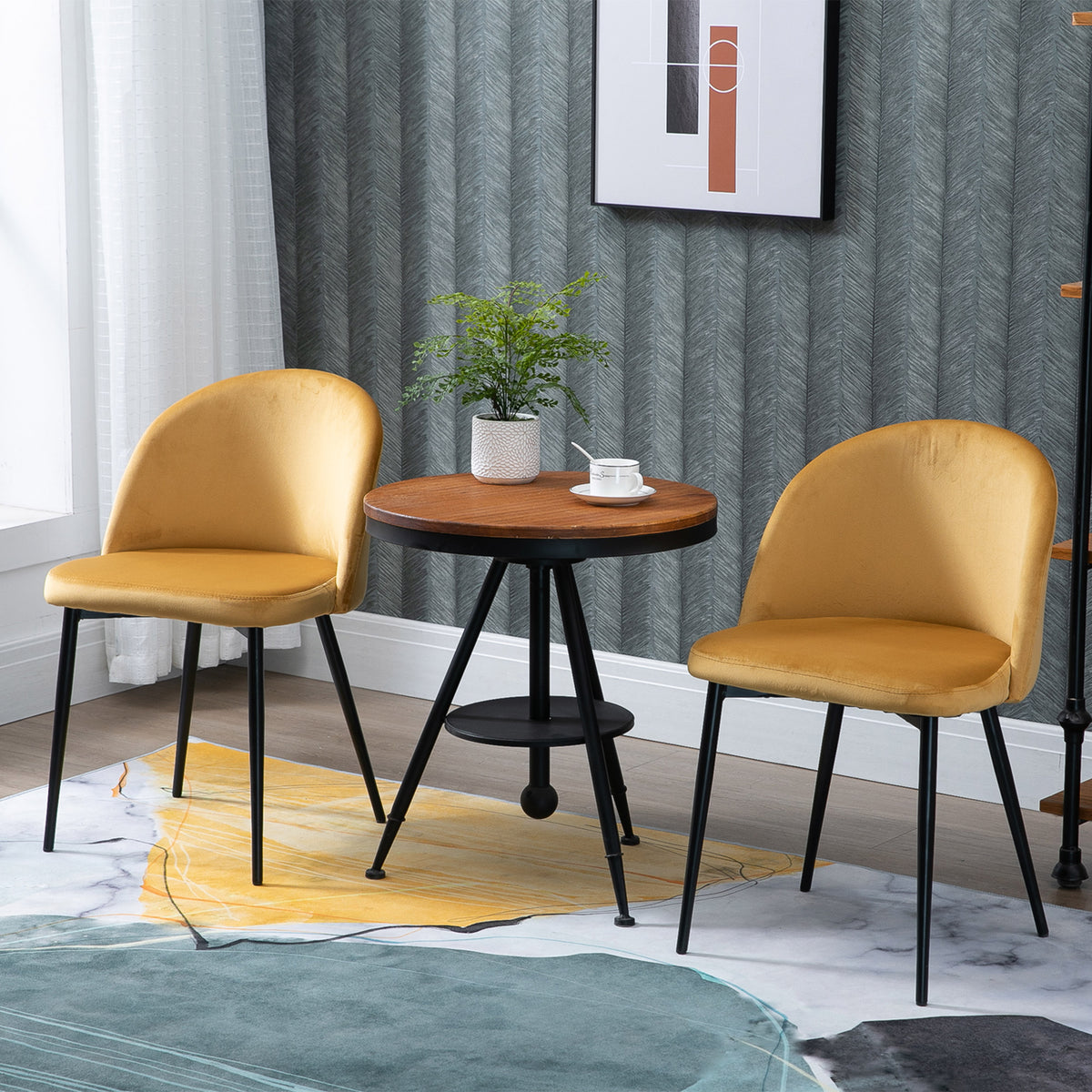 Set of 2 Mid-Back Dining Chair, Mid-Back Velvet-touch Upholstery Kitchen Chair for Living Room Dining Room, Yellow
