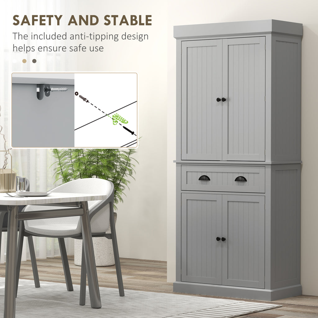 71" Kitchen Pantry Cabinet with LED Lights, 6 Spice Racks, a Drawer and 4 Adjustable Shelves, White