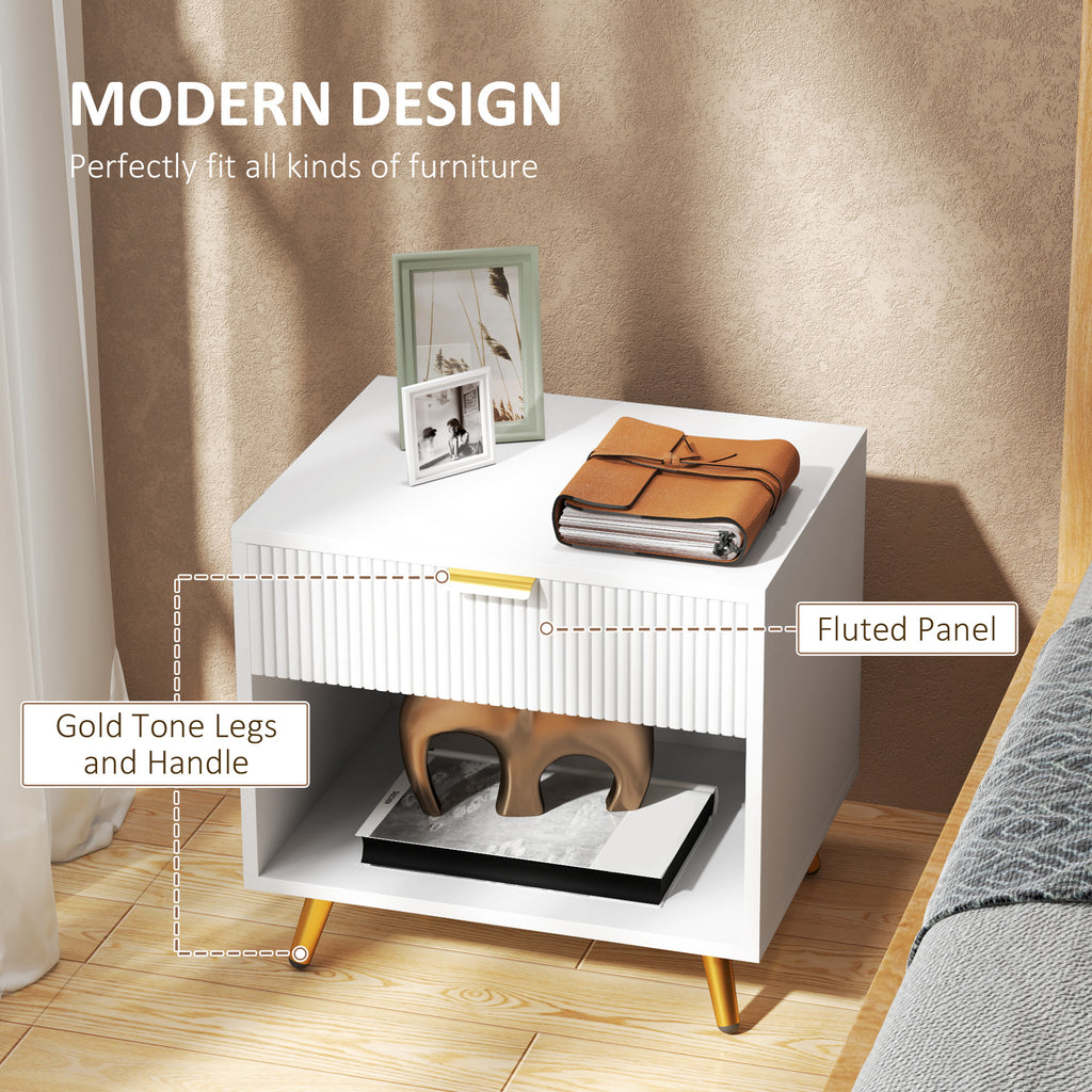 Nightstand with Fluted Panel, Bedside Table with Drawer and Open Compartment, Modern Night Table for Bedroom, Black