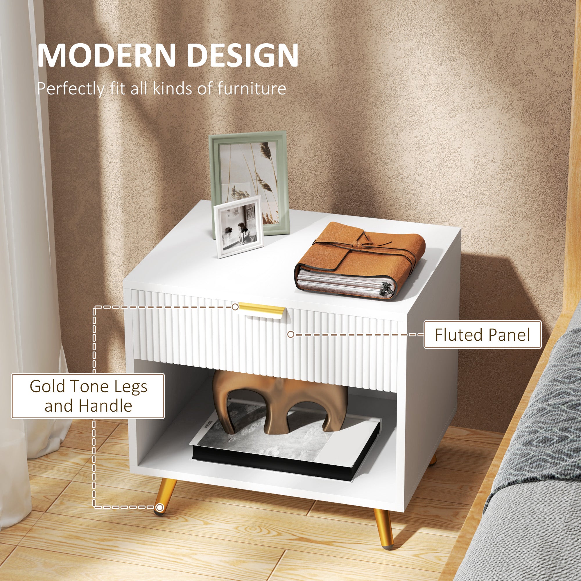 Nightstand with Fluted Panel, Bedside Table with Drawer and Open Compartment, Modern Night Table for Bedroom, Black