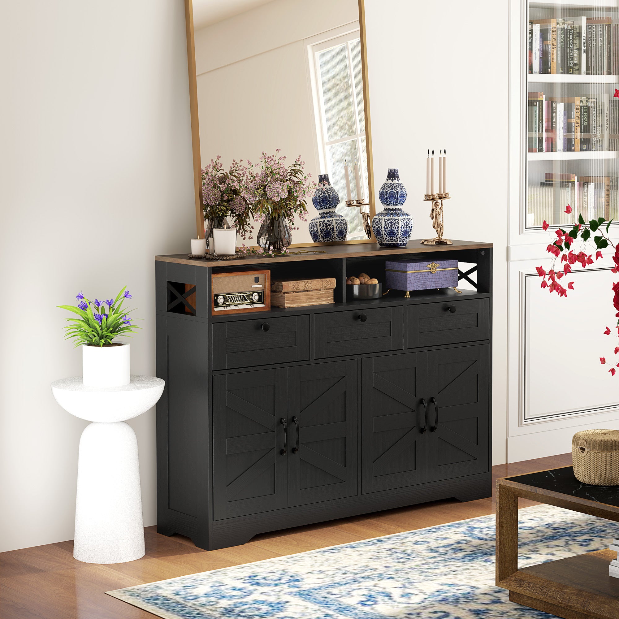 Sideboard, Buffet Cabinet with 4 Barn Doors and 3 Drawers, Coffee Bar Cabinet with Adjustable Shelves, Black