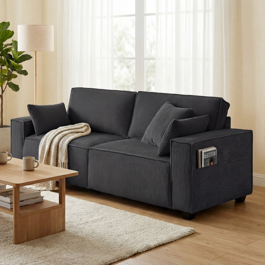 86" 3 Seater Sofa, Modern Corduroy Upholstered Couch, Dark Grey