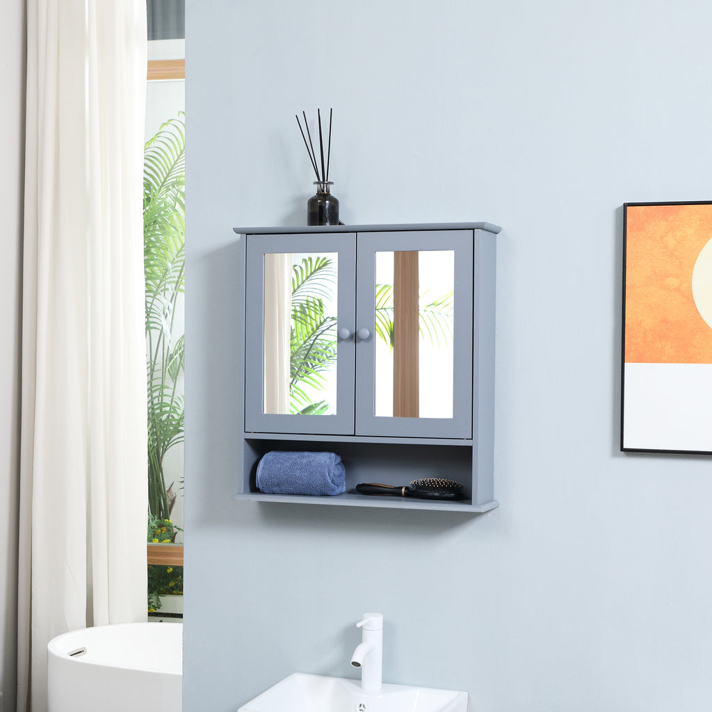 Medicine Cabinet, Wall-Mounted Bathroom Mirror Cabinet with Double Doors, Open Shelf, and Adjustable Shelf, Modern Bathroom Wall Cabinet, White