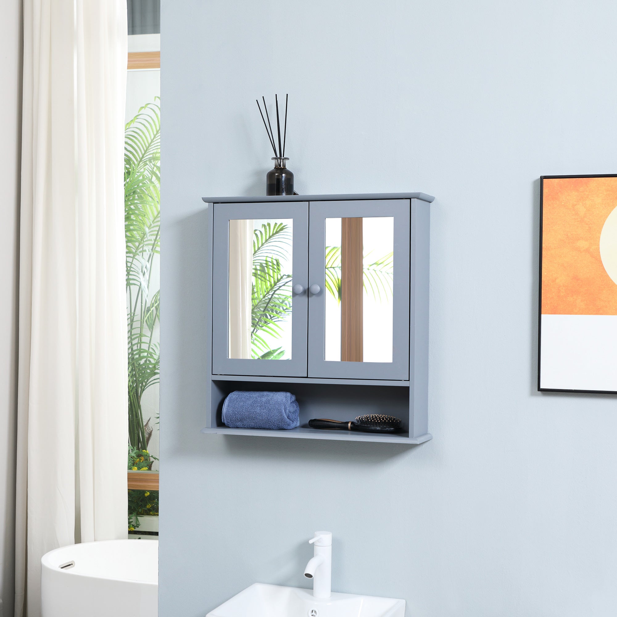 Medicine Cabinet, Wall-Mounted Bathroom Mirror Cabinet with Double Doors, Open Shelf, and Adjustable Shelf, Modern Bathroom Wall Cabinet, White