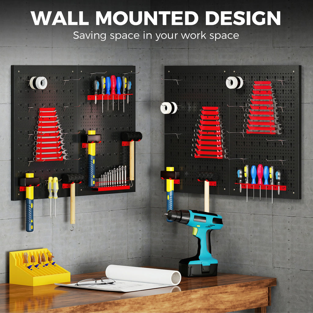 28 Piece Metal Peg Board with Accessories, Shelf Tool Organizer, Black and Red