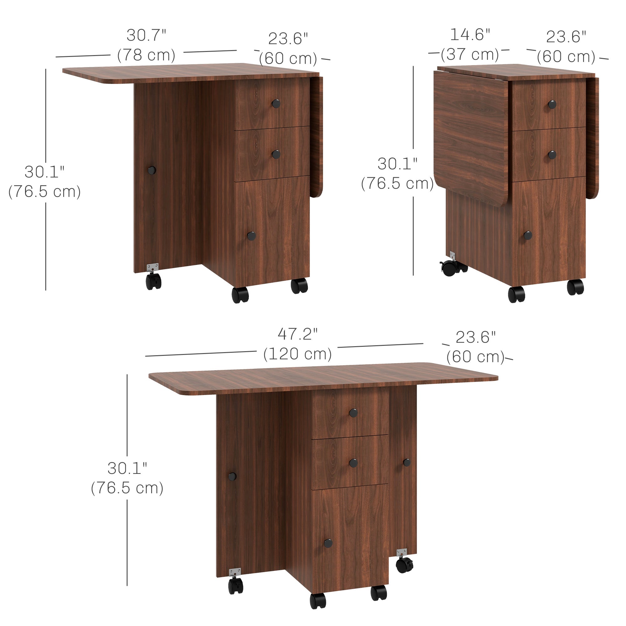 Drop Leaf Dining Table, Mobile Folding Table on Wheels with Drawers and Cabinet for Dining Room, Kitchen, Brown