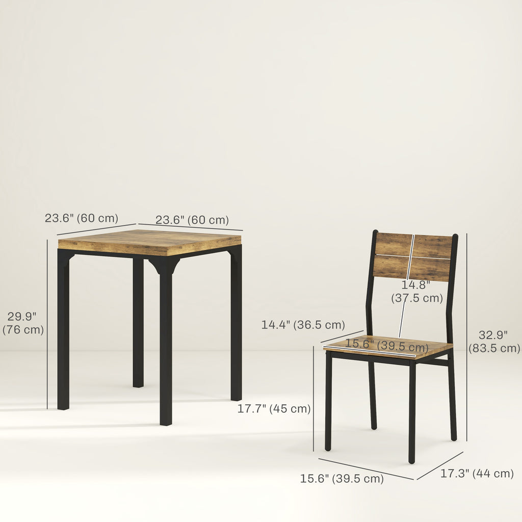 Dining Table Set for 2, 3 Piece Kitchen Table and Chairs with Metal Legs for Small Spaces, Rustic Brown