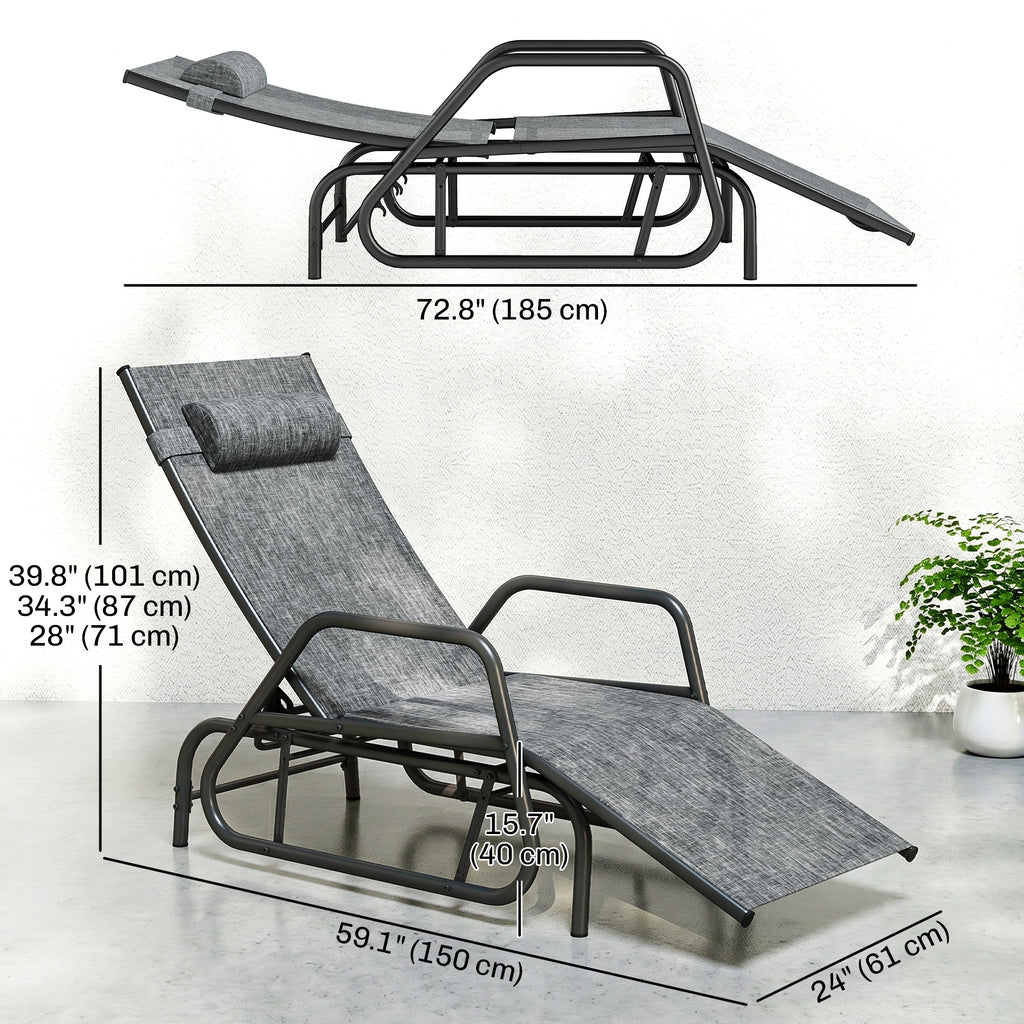 كرسي استلقاء خارجي هزاز، كرسي استرخاء قابل للتعديل في 3 أوضاع للتشمس مع مسند للرأس للحديقة والفناء والمسبح، رمادي