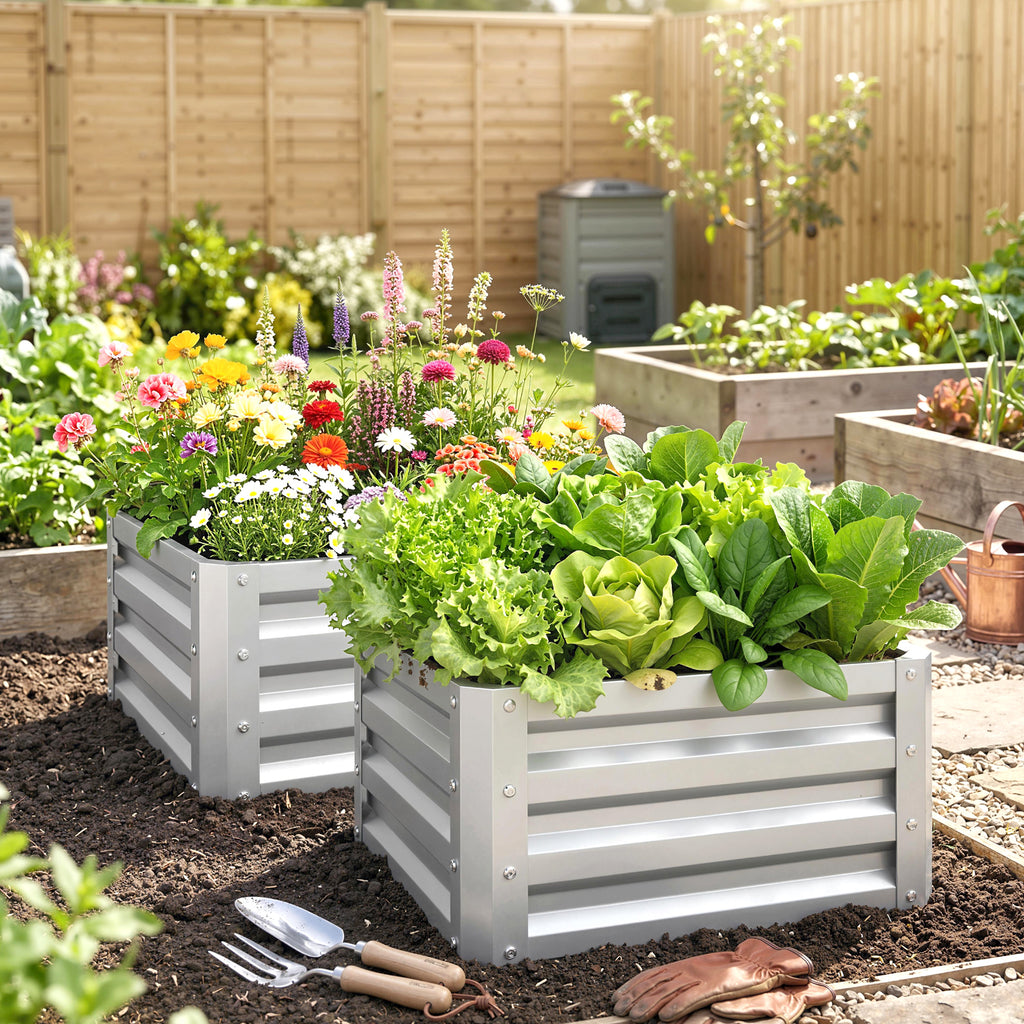 2Pcs 2' x 2' x 1' Galvanized Raised Garden Bed Kit, Square Outdoor Metal Planter Box with Open Bottom for Vegetables, Flowers, Herbs, Silver