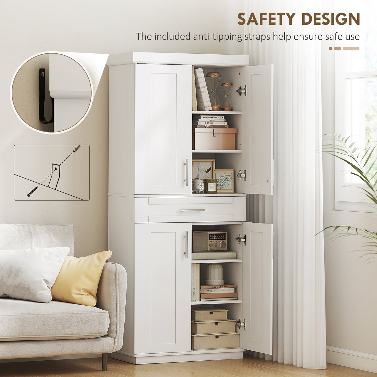 72" Storage Cabinet, Freestanding Kitchen Pantry Cabinet with 4 Doors, Drawer and 3 Adjustable Shelves, White