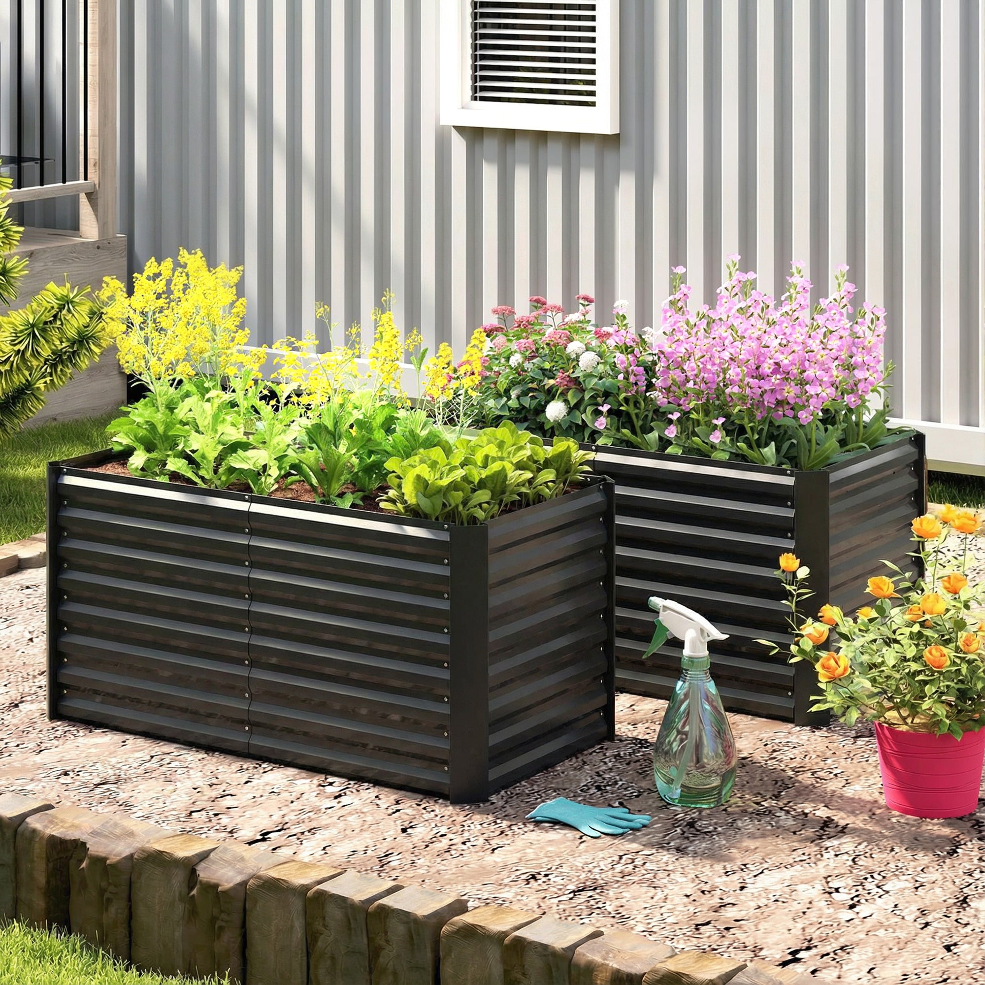 Set of 2 Galvanized Metal Planters for Outdoor Plants, 4' x 2' x 2' Raised Garden Bed, Black