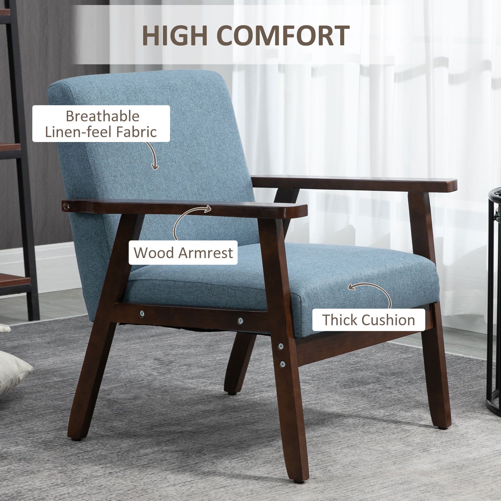 Accent Chairs with Cushioned Seat, Upholstered Linen-Feel Armchair with Adjustable Feet for Bedroom, Living Room, Blue
