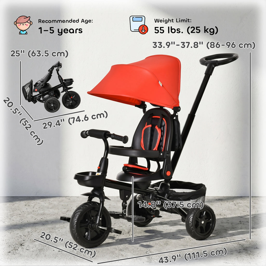 Qaba Tricycle for Toddler 5 in 1 Kids Trike, Foldable Converts Stroller to Toddler Bike, Adjustable Backrest & Curved Canopy, Detachable Guardrail & Handle for 1-5 Years Old, Red