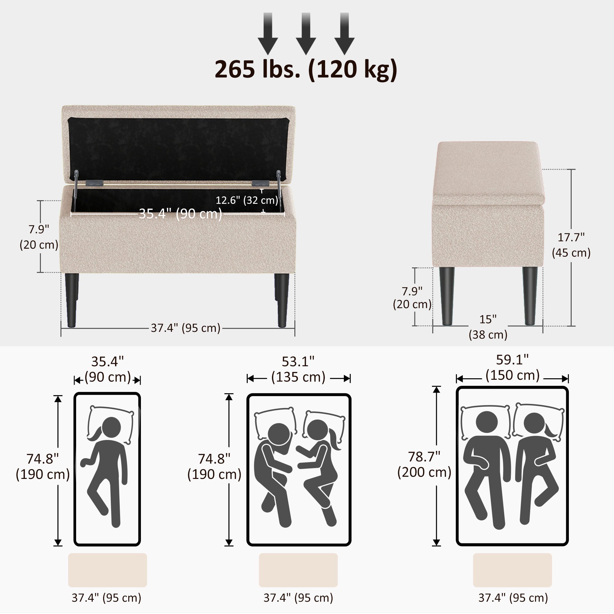 Modern Storage Bench, Ottoman with Storage and Lamb's Wool Upholstery for Living Room, Bedroom, Cream White