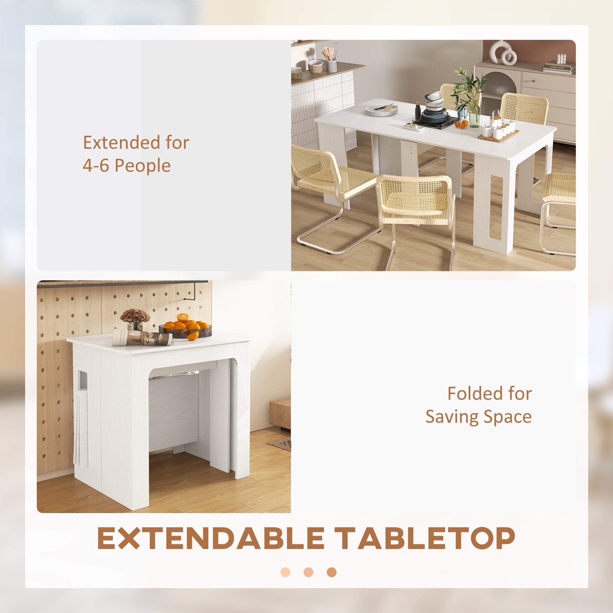 23.6"-70.9" Extendable Dining Table for 6-8 People, Space-Saving Rectangular Kitchen Table for Small Spaces, Dining Room, Kitchen, Living Room, White