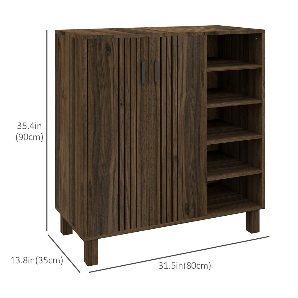 Shoe Storage with Double Doors and Open Shelves 17 Pair Shoe Storage Organizer for Entryway Hallway Walnut