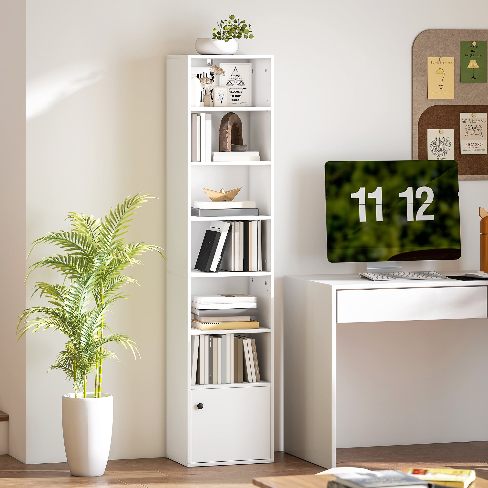 7-Tier Bookcase, Display Shelf Unit with Adjustable Shelf and Cabinet, White
