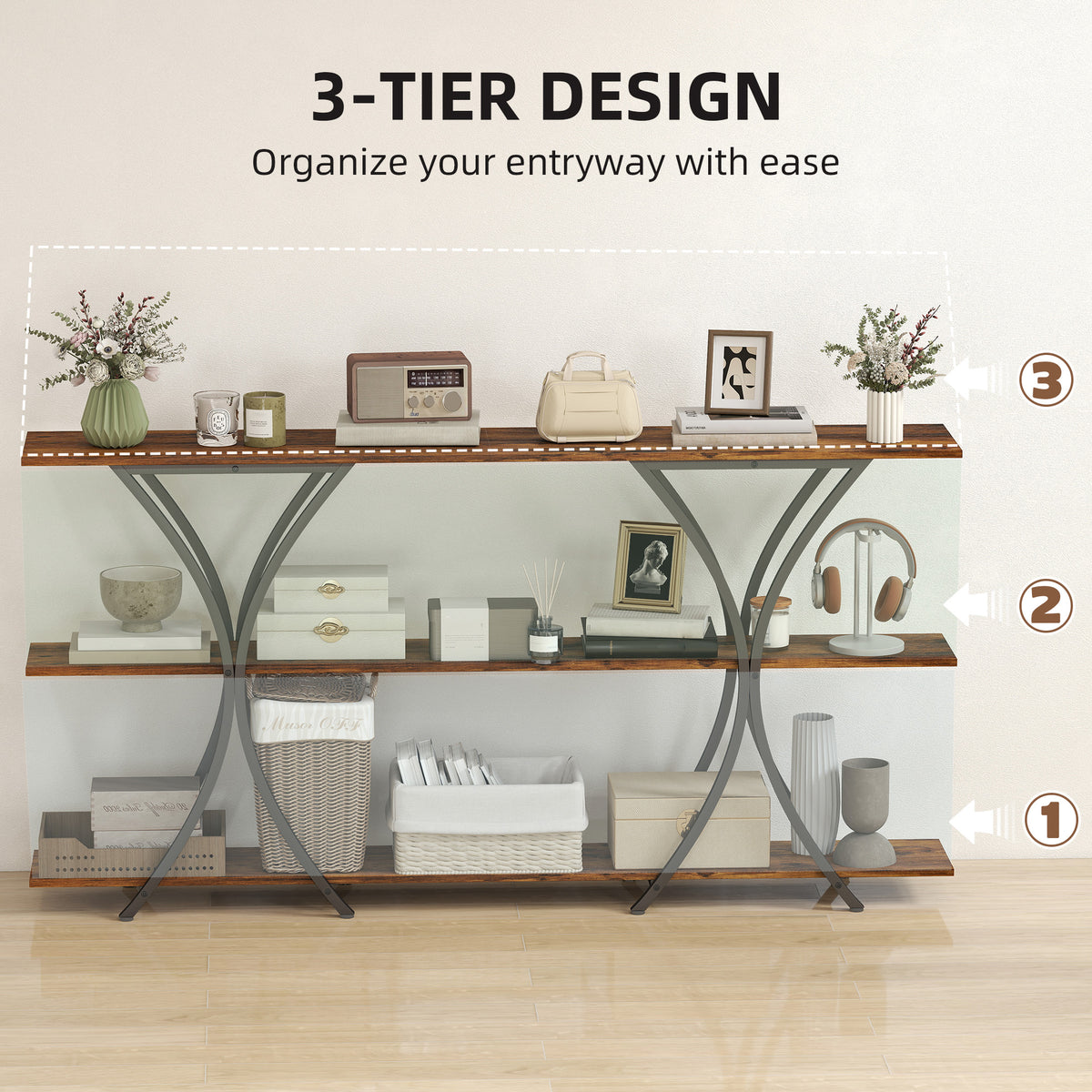 71" Console Table, 3-Tier Industrial Entryway Table with 2 Storage Shelves for Living Room, Hallway, Rustic Brown