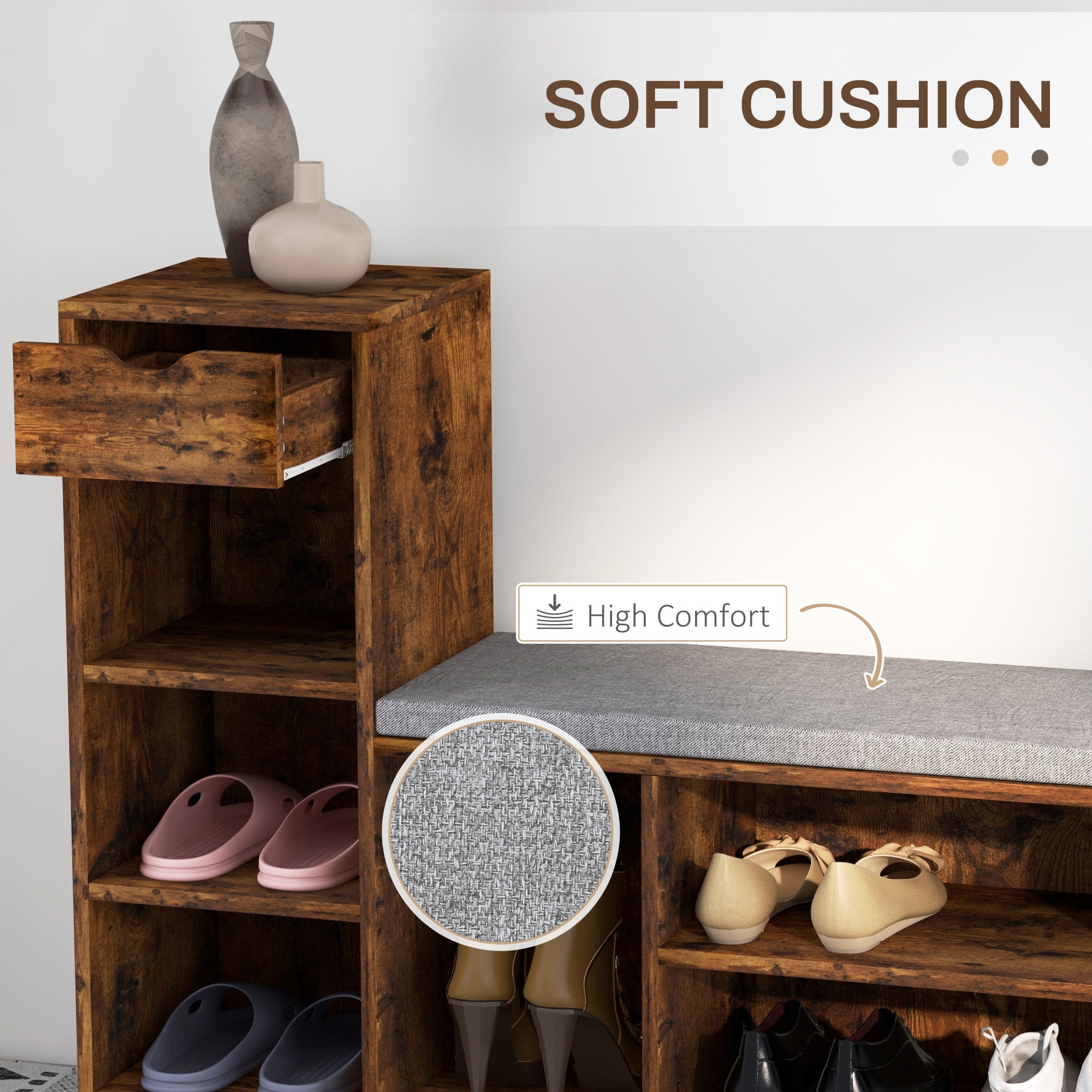 Upholstered Shoe Storage Bench w/ Seat, Entrance Bench w/ Drawer and 6 Open Shelves for Hallway, Rustic Brown