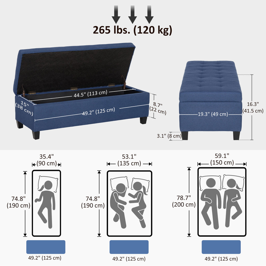 Rectangular Entry Bench, Tufted Upholstered Linen Fabric Wood Feet Storage Ottoman Bench, Grey