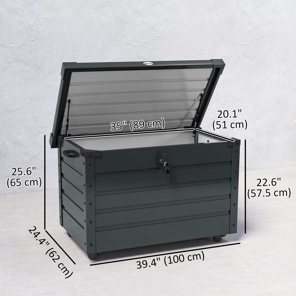 82 Gallon Garden Storage Box, Waterproof Outdoor Storage Container with Wheels and Handles, Dark Grey