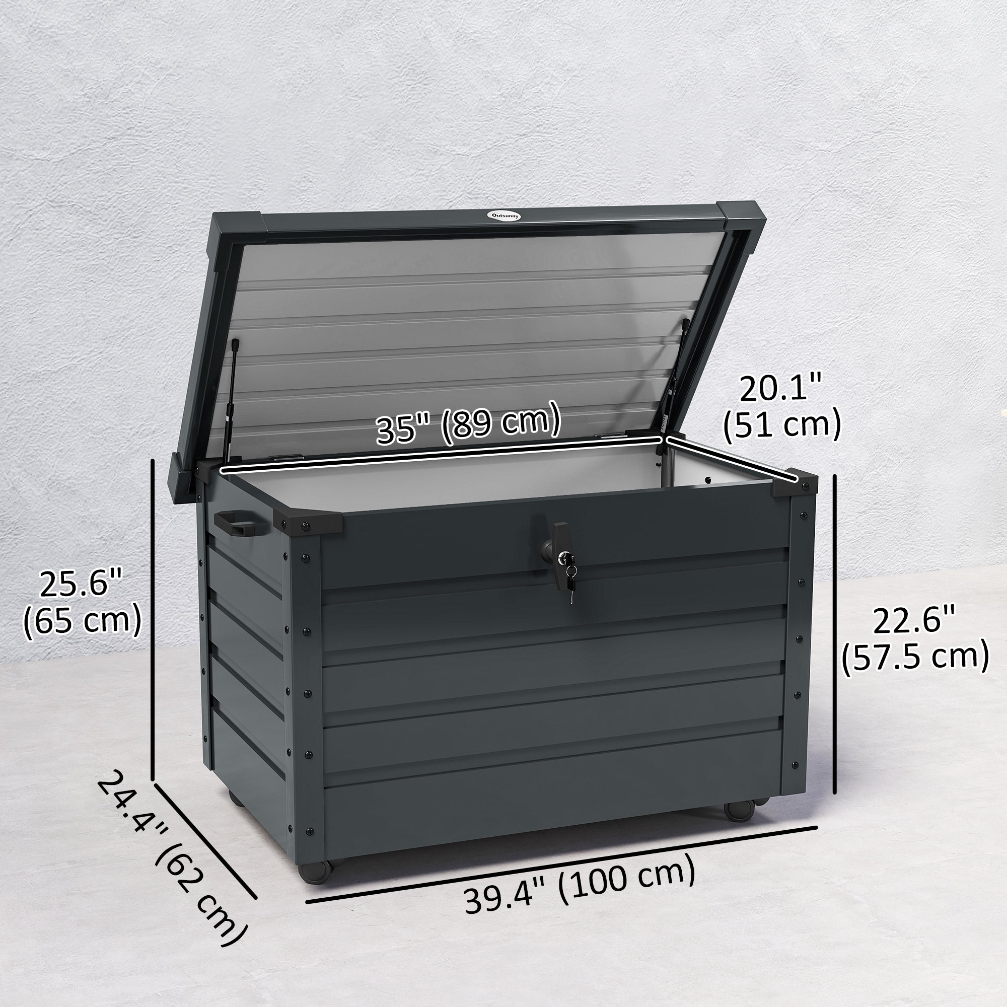 82 Gallon Garden Storage Box, Waterproof Outdoor Storage Container with Wheels and Handles, Dark Grey