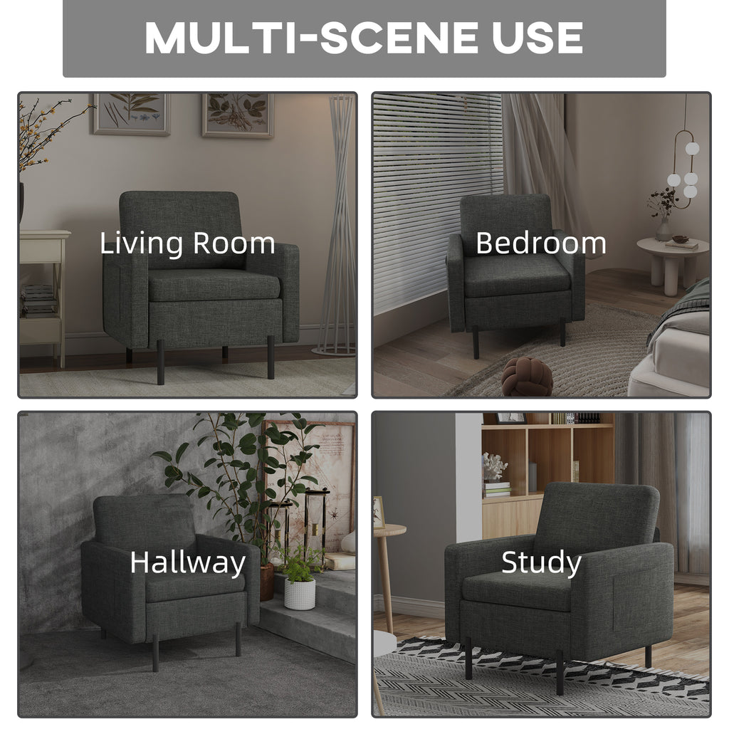 Armchair, Fabric Accent Chair, Modern Living Room Chair with Metal Legs, 2 Side Pockets for Bedroom, Grey