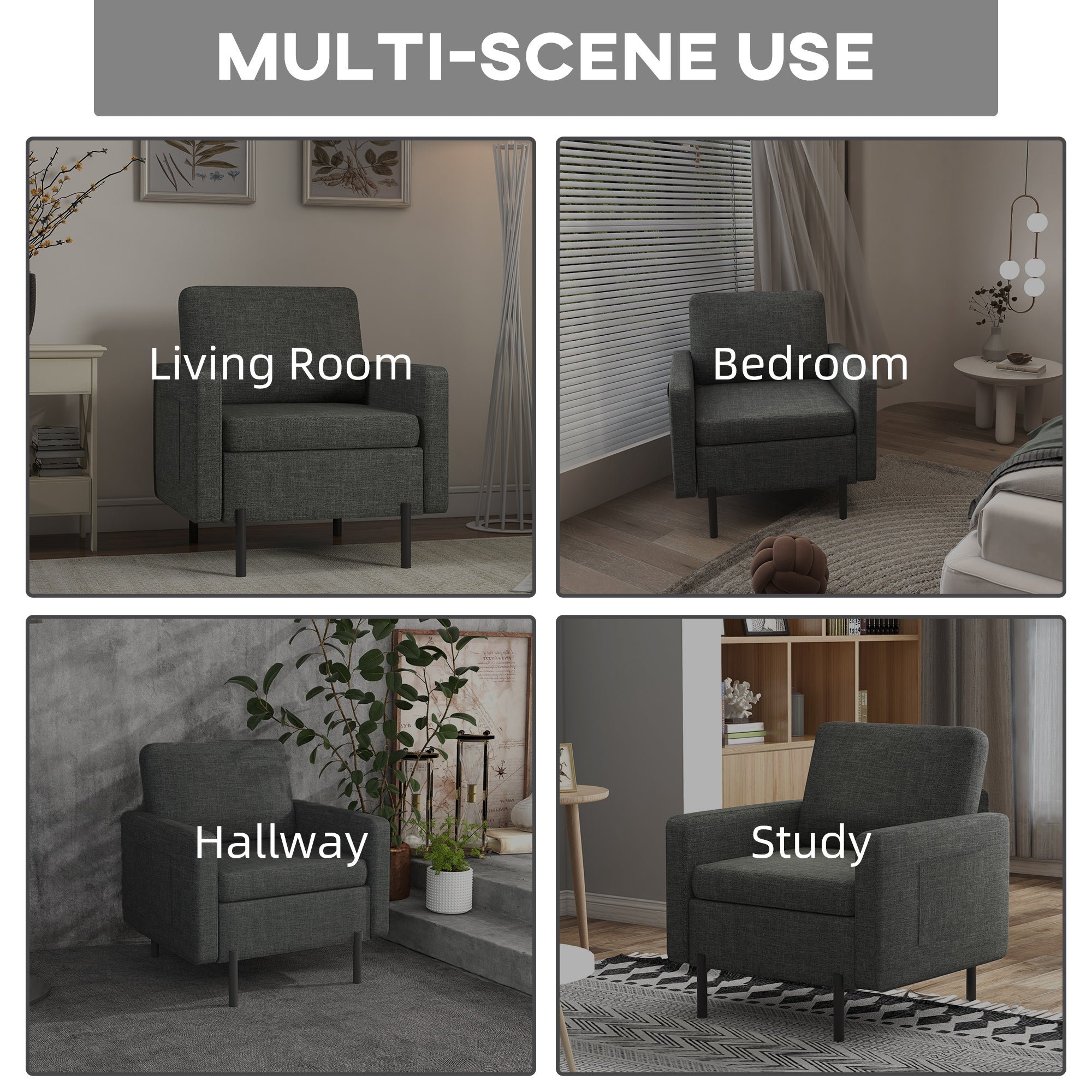 Armchair, Fabric Accent Chair, Modern Living Room Chair with Metal Legs, 2 Side Pockets for Bedroom, Grey