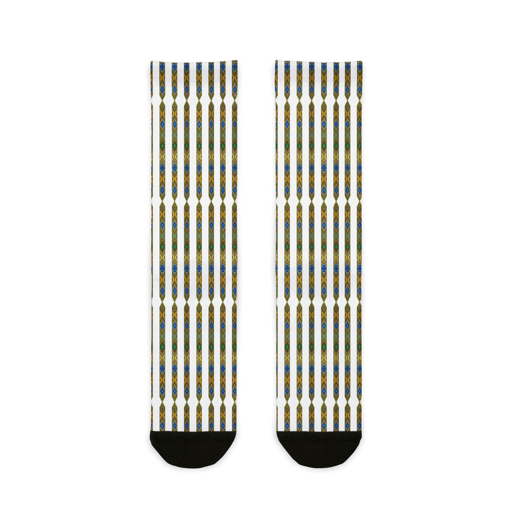 Striped Geometric Crew Socks — Blue & Gold Sublimation Pattern