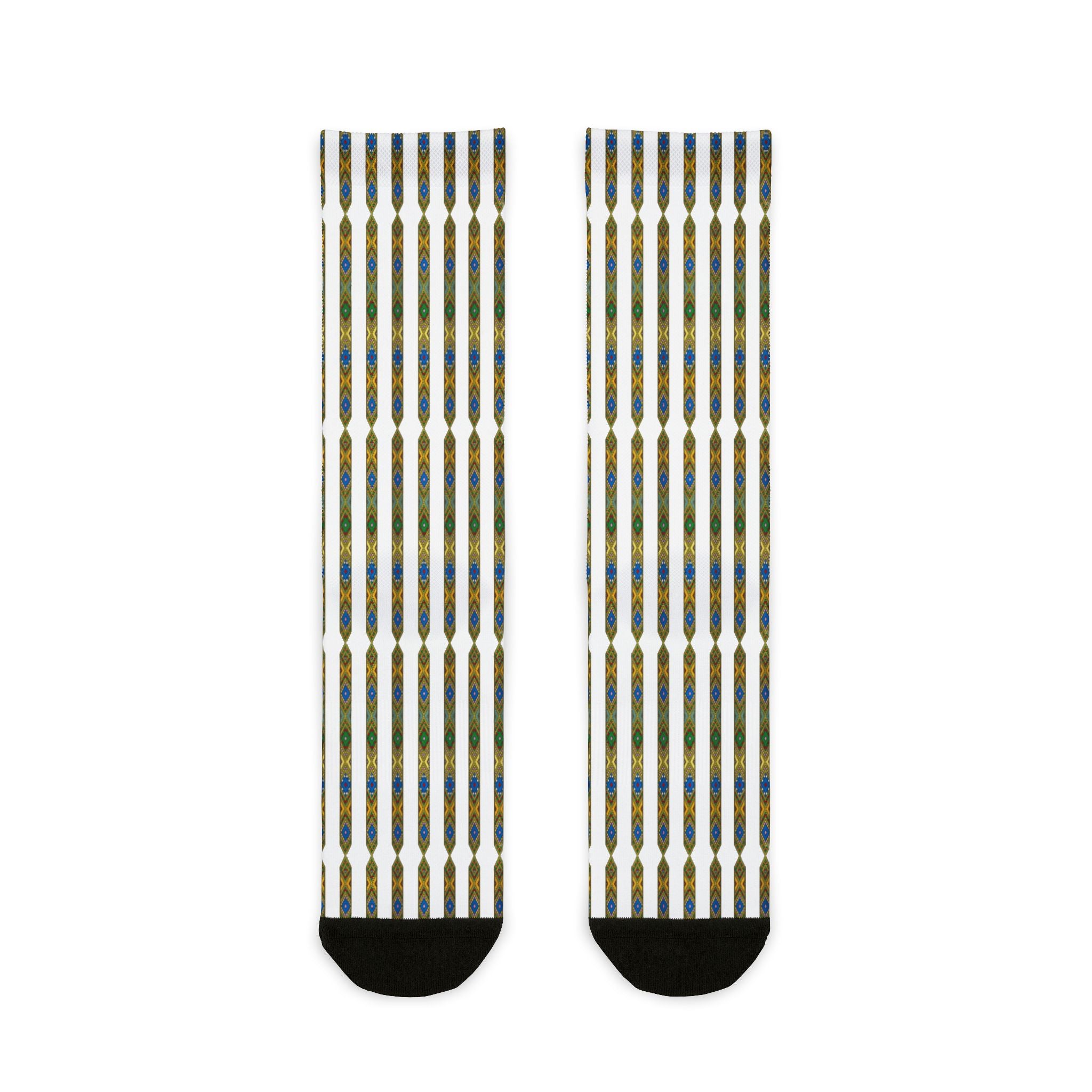 Striped Geometric Crew Socks — Blue & Gold Sublimation Pattern
