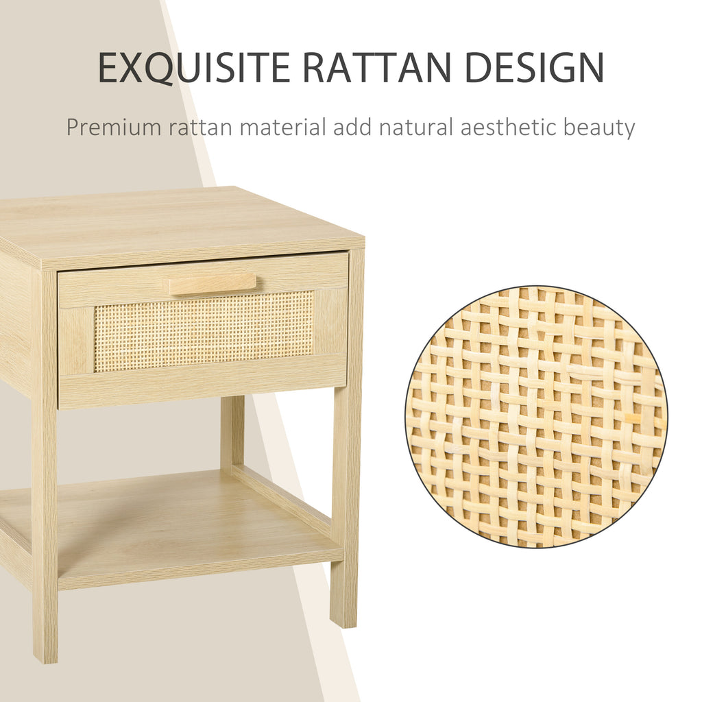 Narrow Nightstand with Rattan Elements, Bedside Table with Drawer and Storage Shelf for Bedroom, Natural