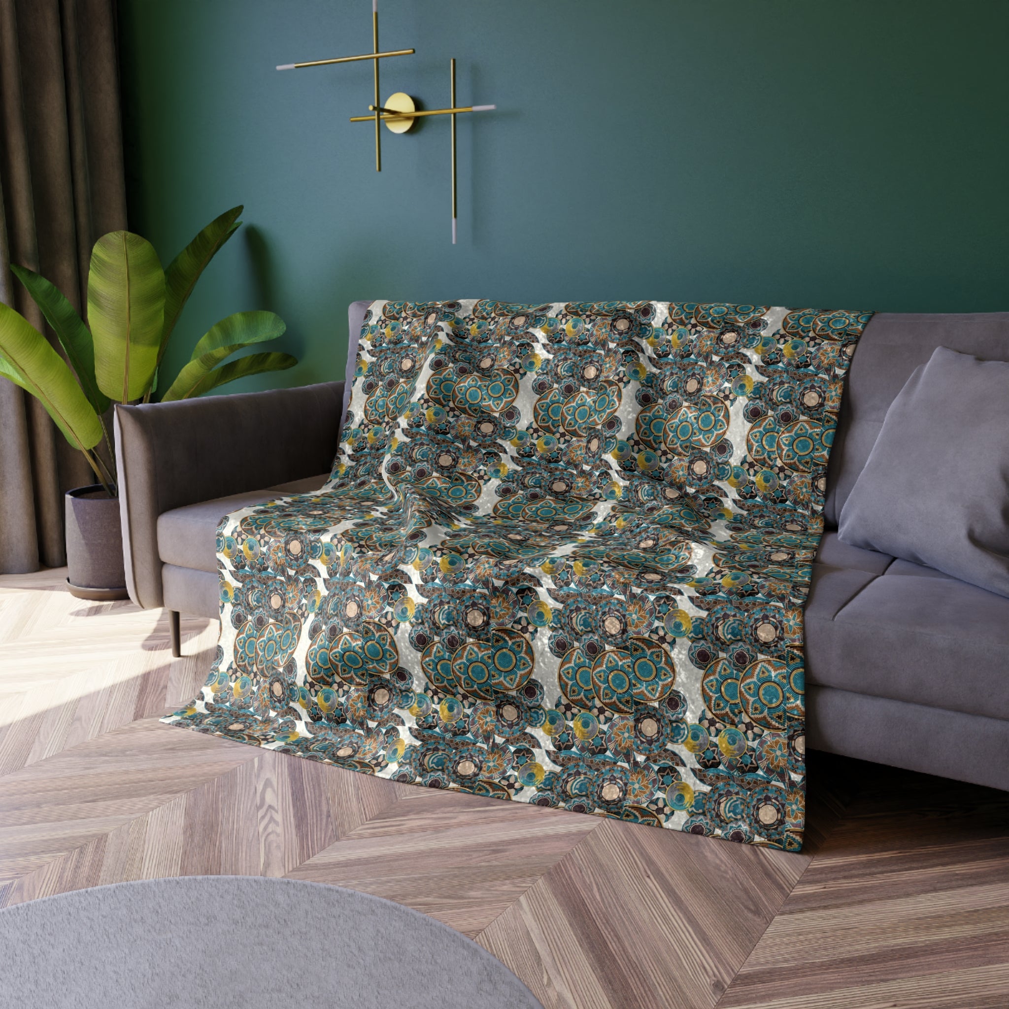 Crushed Velvet Blanket — Luxe Boho Teal & Gold Patterned Throw