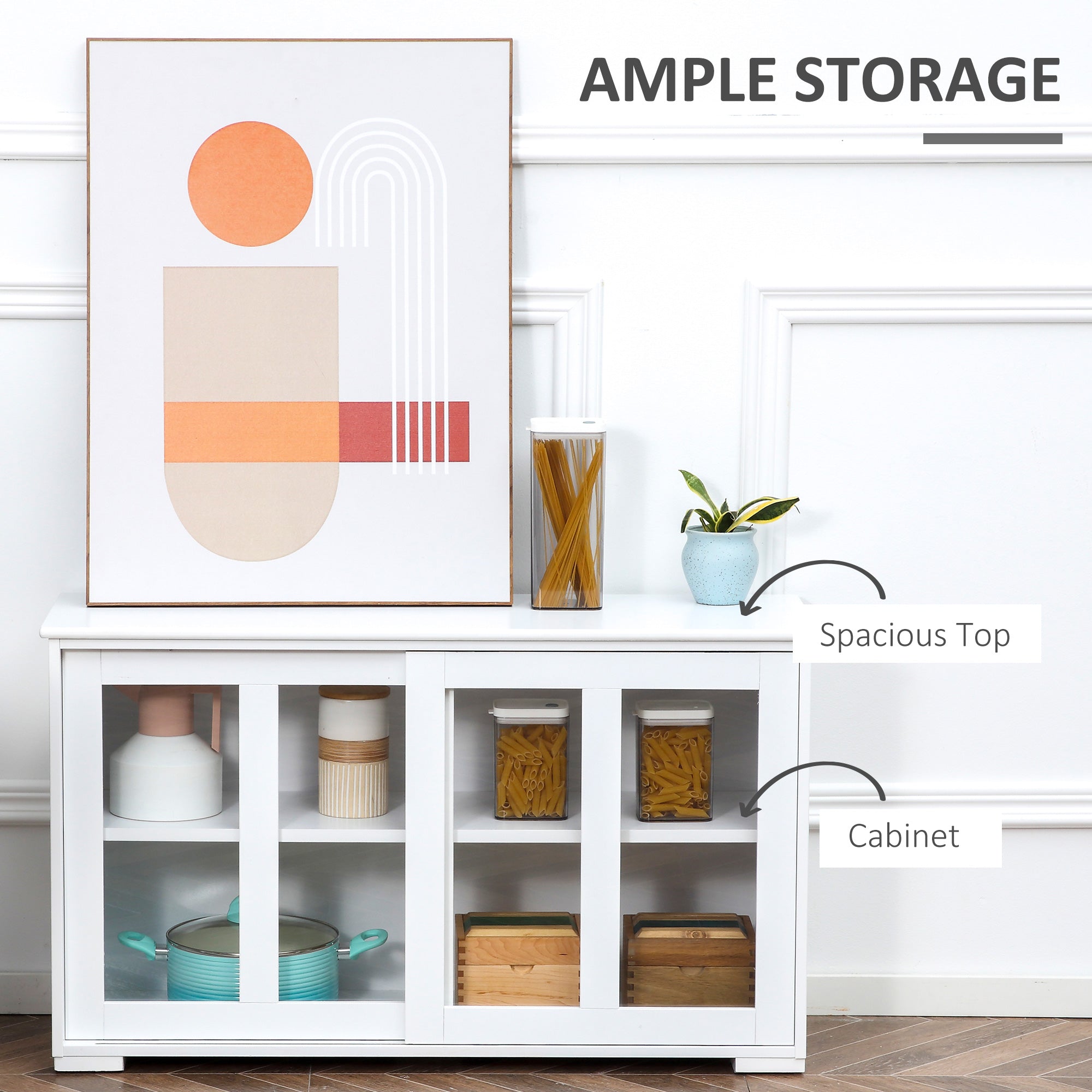Modern Kitchen Sideboard, Stackable Storage Cabinet, Sliding Glass Door Console, Cupboard Serving Buffet for Kitchen & Dining Room, White