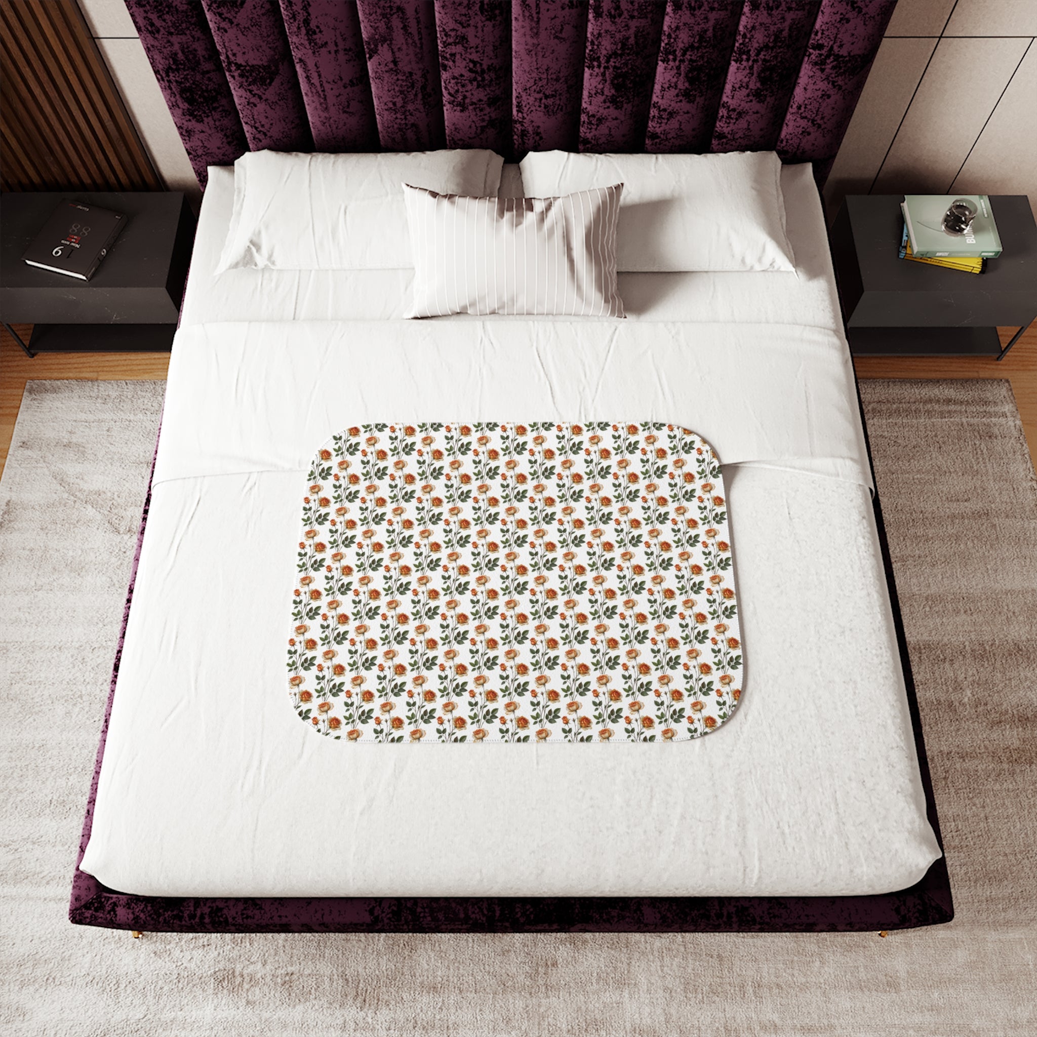Autumn Floral Sherpa Blanket — Cozy Fall Throw with Orange & Green Bouquet Pattern