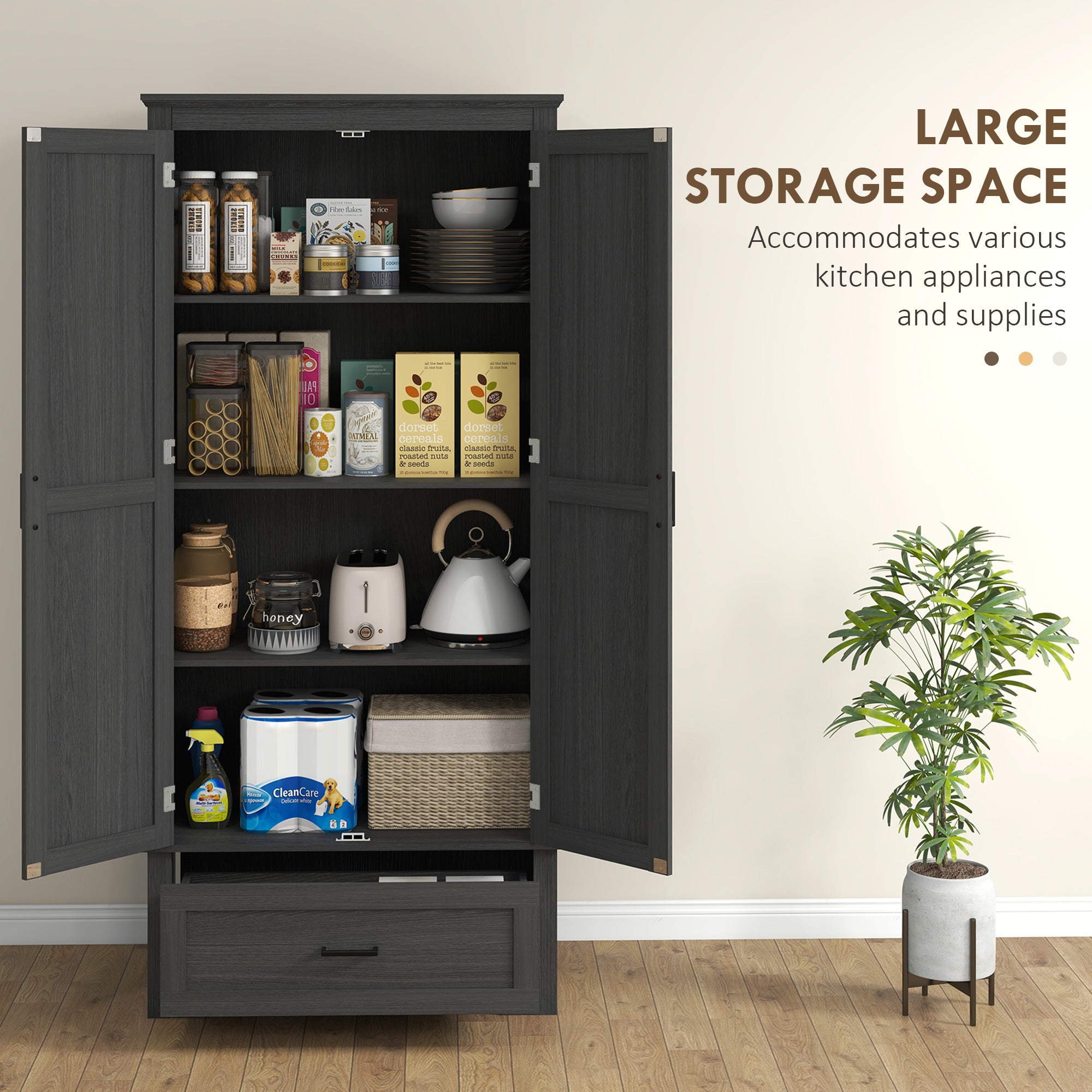 69" Tall Farmhouse Kitchen Pantry Cabinet with 2 Doors, Drawer and Adjustable Shelves, Black Wood Grain