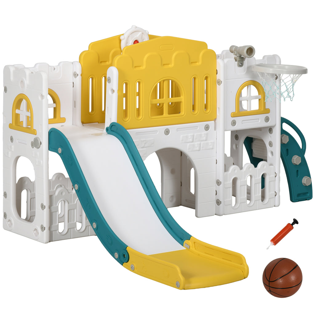 Qaba 9 in 1 Toddler Slide with Basketball Hoop, Climber, Telescope, Tunnel, Steering Wheel, for 1-3 Years, Yellow