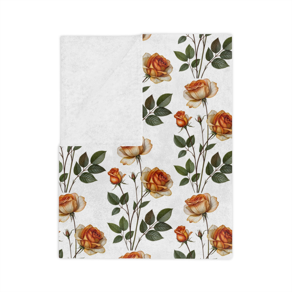 Floral Velveteen Blanket — Vintage Orange Rose Microfiber Throw