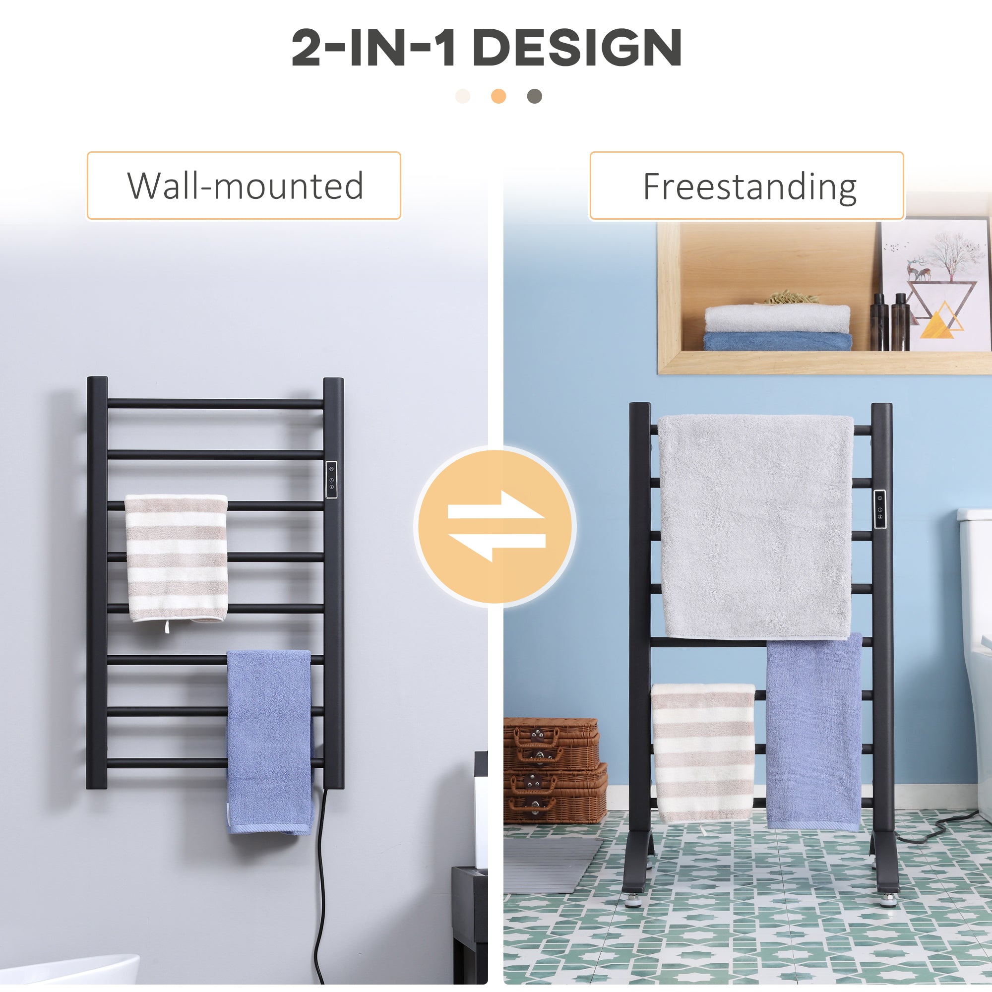 8-Bar Heated Towel Warmer Rack with Built-in Timer and LED Indicators, Wall Mounted & Free Standing Carbon Steel Electric Towel Bar with Adjustable Temperature, White