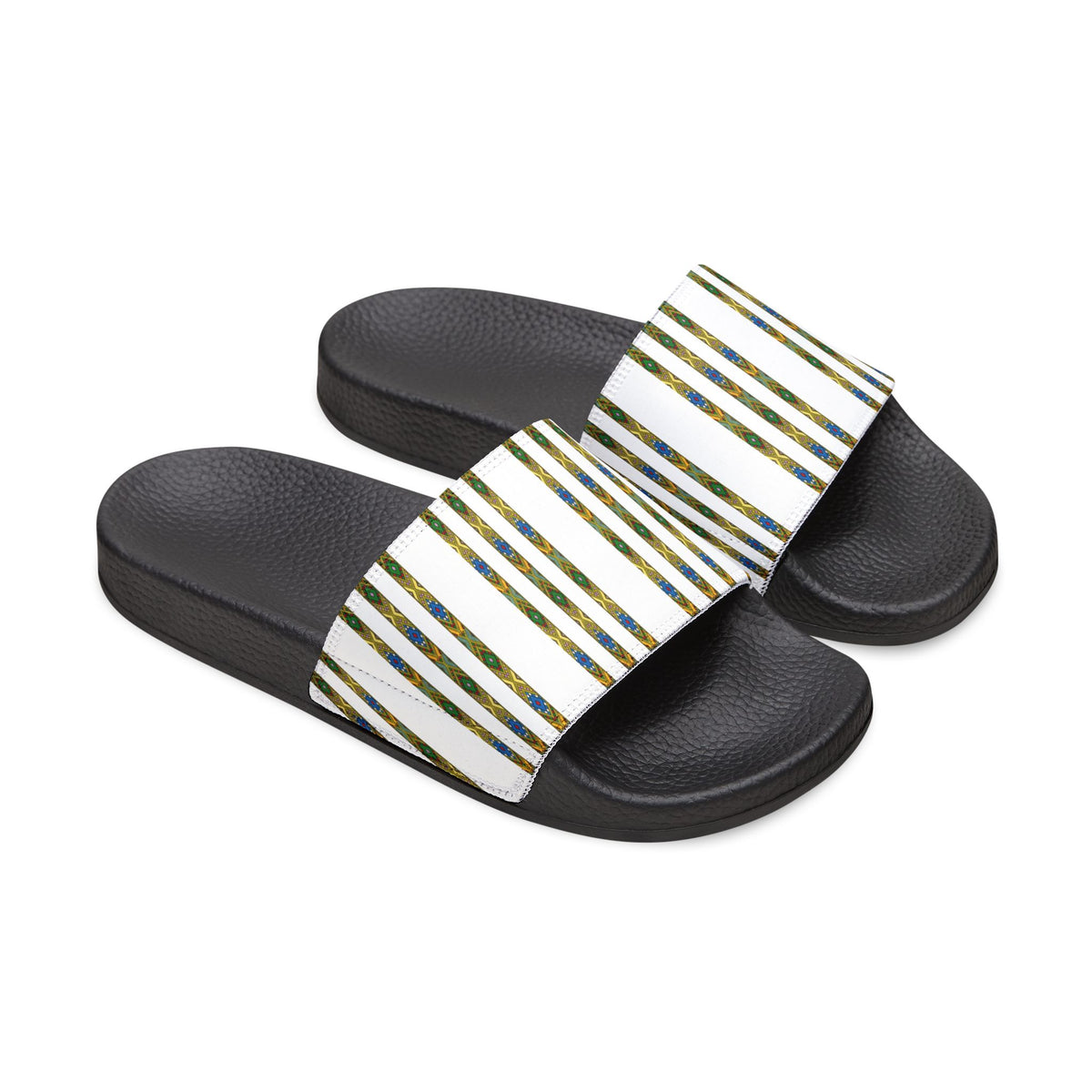 Slide Sandals — Striped Green Blue Marble Removable Strap Slides
