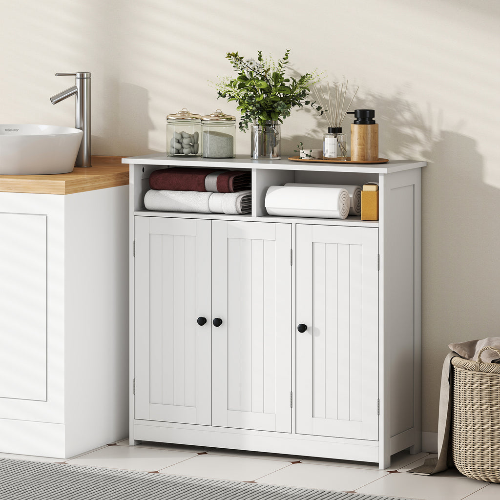 Bathroom Floor Cabinet, Freestanding Bathroom Storage Unit with 3 Doors, 2 Open Shelves and Adjustable Shelf, White